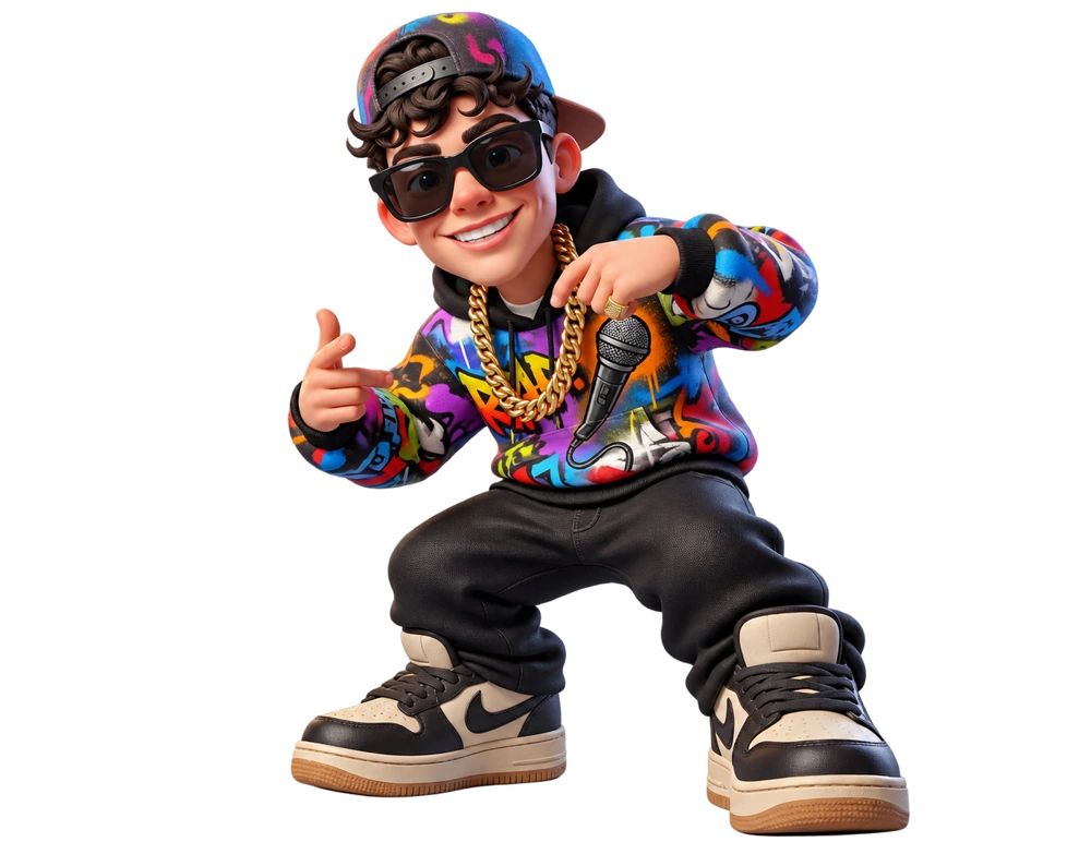 Mini rapper in hoodie graffiti