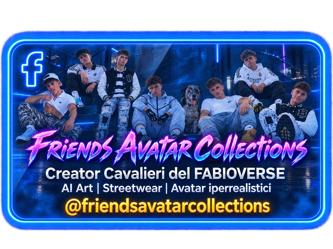 Friends Avatar Collections. Creator Cavalieri del FABIOVERSE. AI Art, Streetwear, Avatar iperrealistici. Foto di gruppo con cornice blu elettrico.