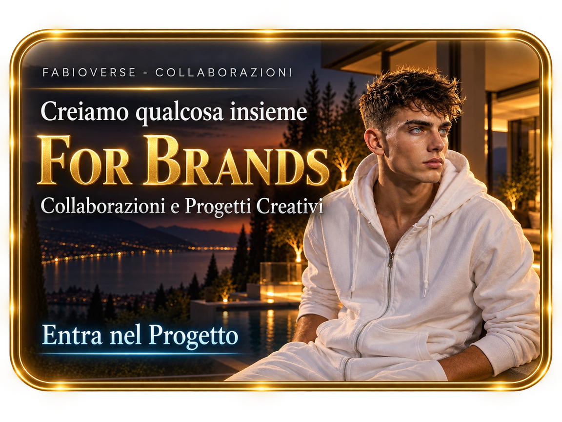 For Brands. Creiamo qualcosa insieme. Collaborazioni e Progetti Creativi. Entra nel Progetto. Alex in felpa bianca e cornice oro luminosa.