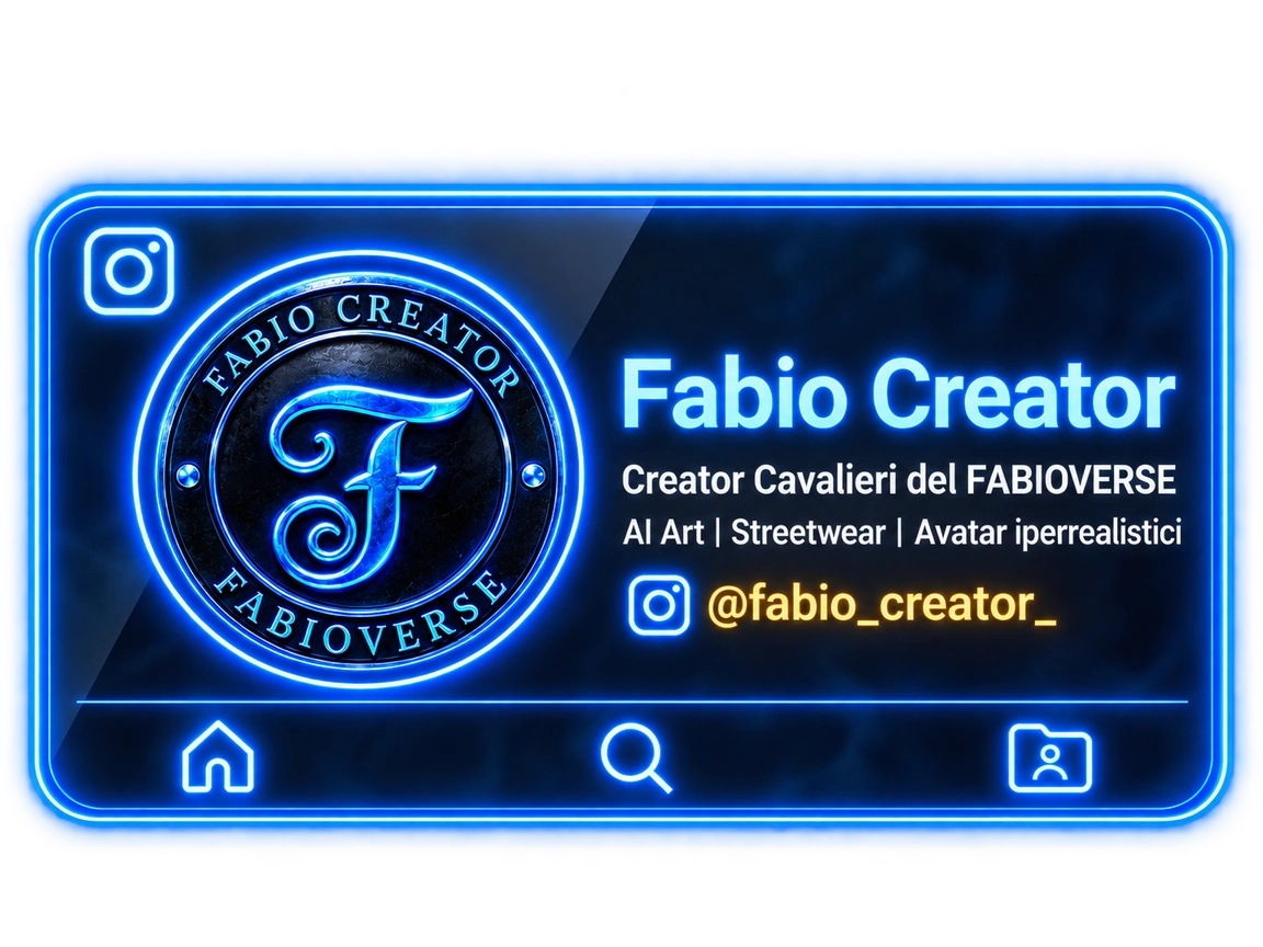 Fabio Creator. Creator Cavalieri del FABIOVERSE. Profilo Instagram @fabio_creator_, logo circolare e cornice blu elettrico.