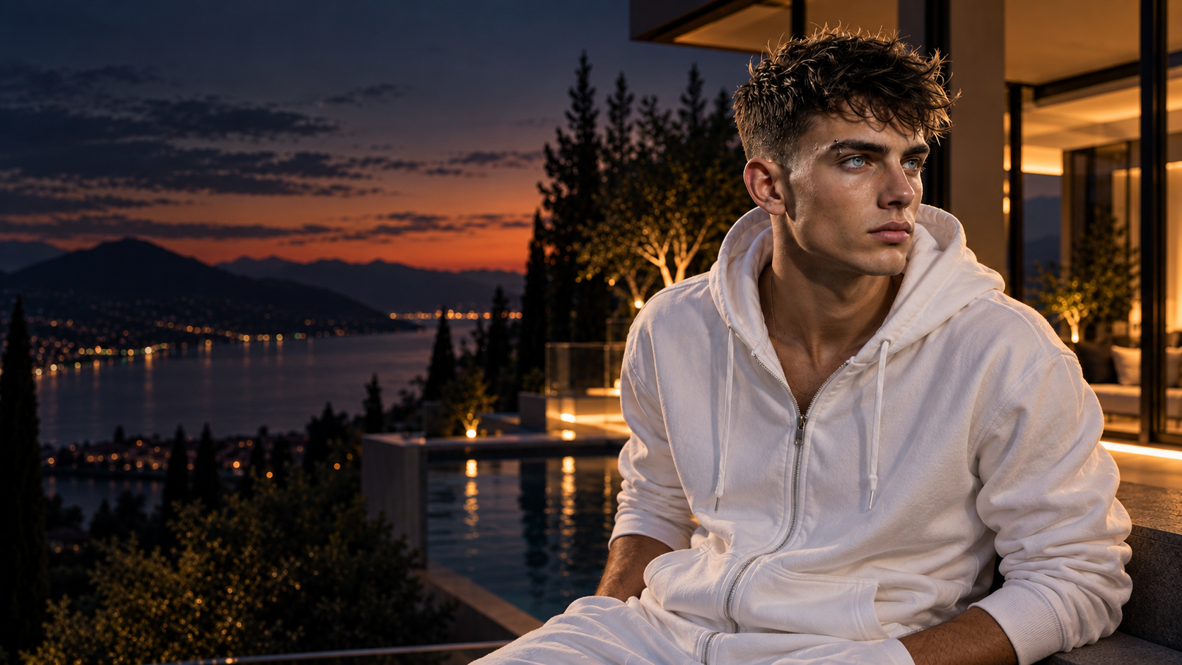 Alex davanti a una villa contemporanea al tramonto